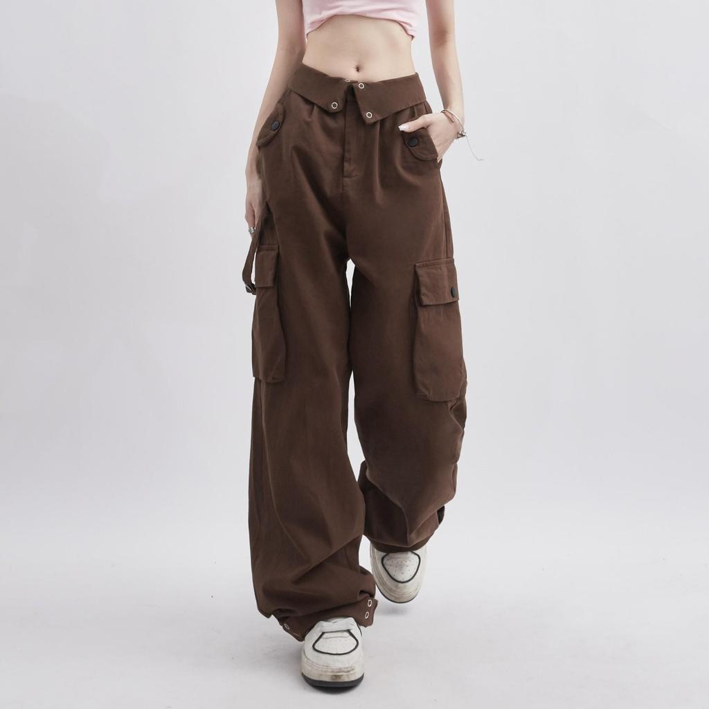 2024 Hong Kong-Style High-Waisted Slim Retro Overalls with Cuffed Design - Loose Fit Straight Pants for Spring and Fall