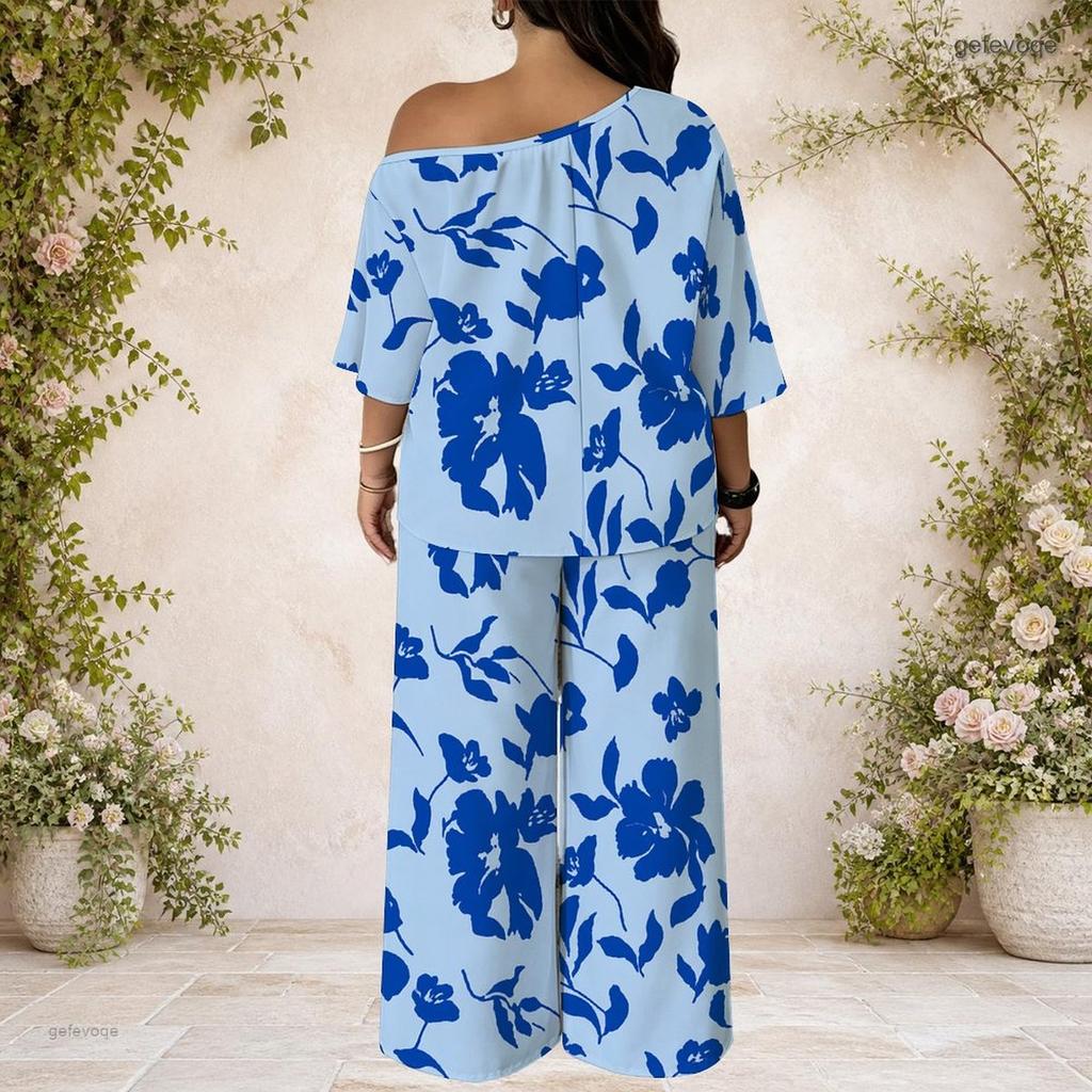 Women Plus Size Two Piece Suit Batwing Sleeve Top Loose Long Pants