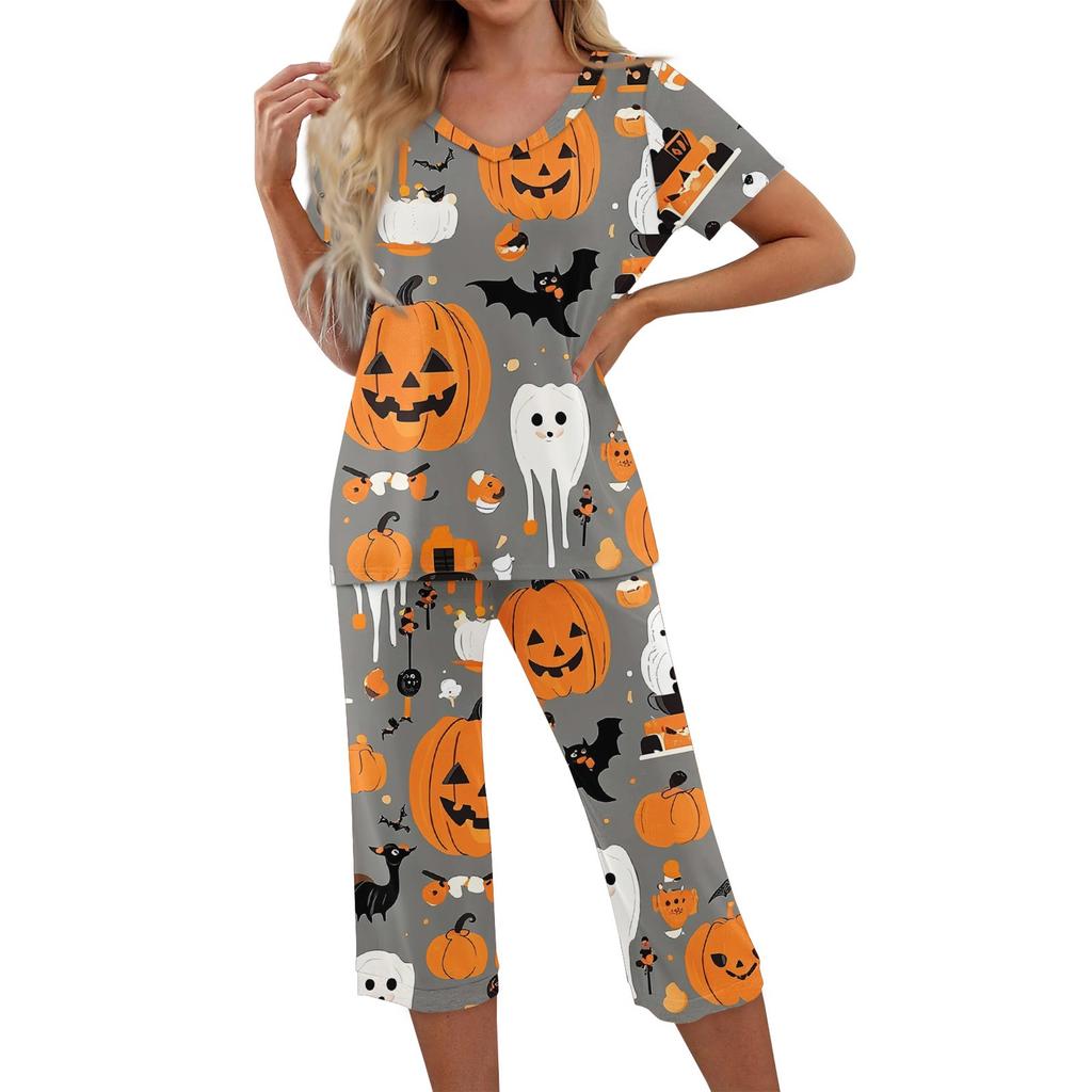 Dvoudílné soupravy pro ženy Krátký rukáv Top a Kalhoty s kapsami Cvičení Měkké Halloweenský potisk Soupravy