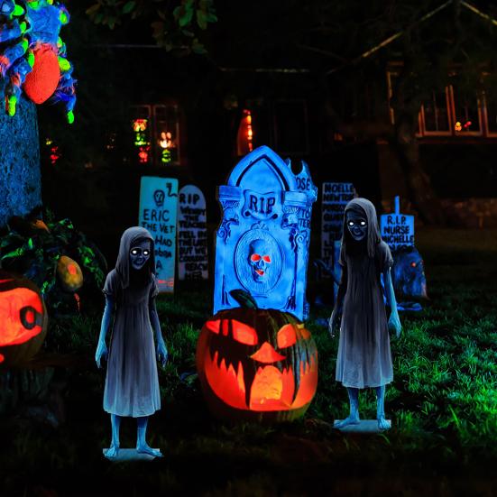 2 Pcs Scary Garden Metal Stakes Spooky Twins Yard Signs for Lawn Patio Haunted House Halloween Outdoor Decorations