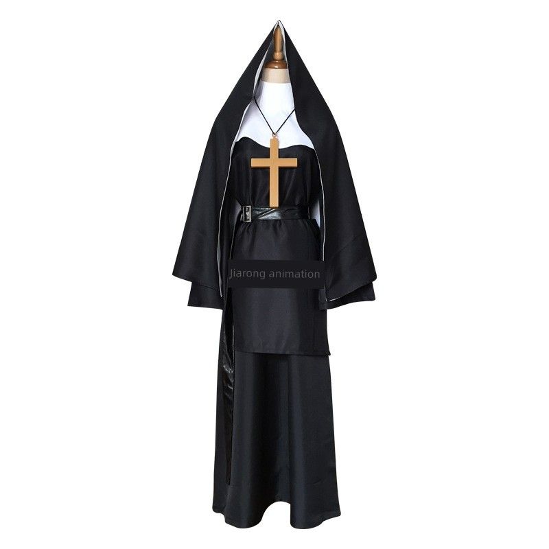 Jiarong Costhenun Ghost Nun Cosplay Costume Stage Performance Outfit Plus Size Nun Costume Priest Robe Black [Ghost Nun] S
