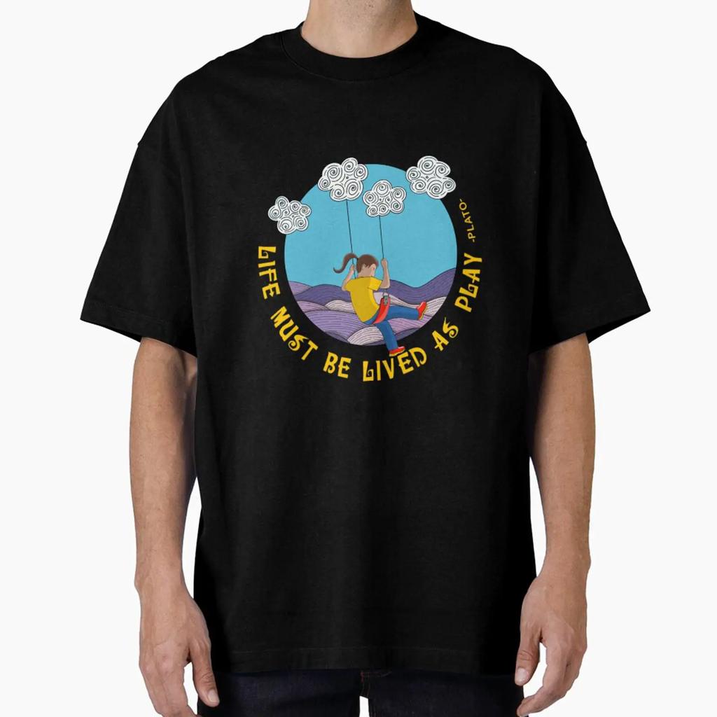 Girl Swinging From Clouds Oversized T Shirt Vintage Stylish Streetwear Casual Comfortable Slightly Designer Clothes