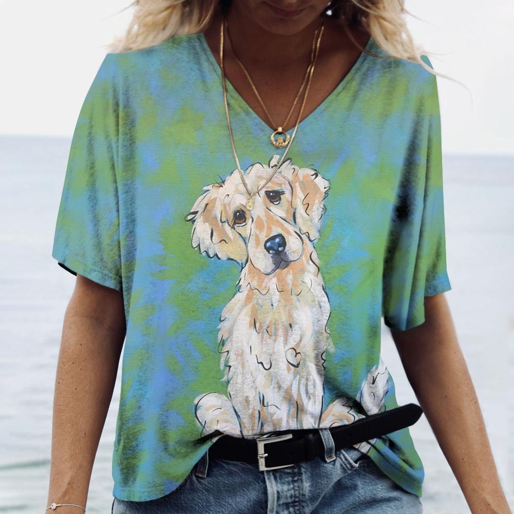 Tricouri de damă la modă, grafică abstractă 3d, tricou cu imprimeu pentru câini, haine amuzante, cu decolteu în V, vară, mânecă scurtă, topuri supradimensionate, pulover