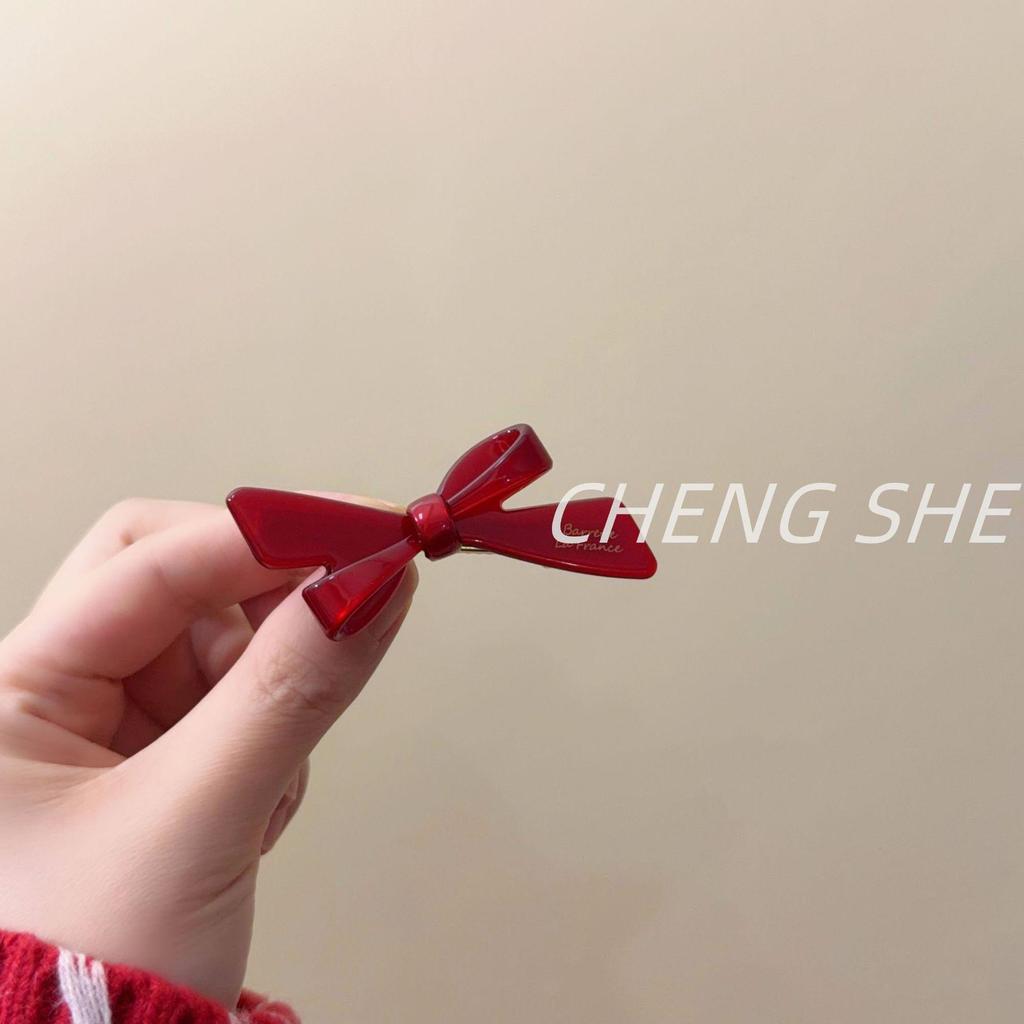 Korea France Red Christmas Bow Hair Clip, BB Hairpin, Acetate Hair Accessory