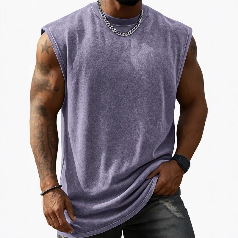 Men Washed Sleeveless Tank Top Crew Neck Multi Color Casual Gym Vest