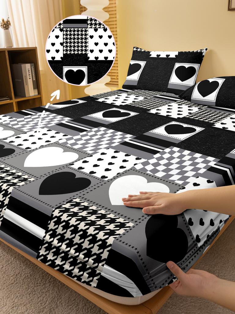 1 Simple Modern Heart-Shaped Geometry Printed Matte Fitted Sheet, Bedroom Printed Bed Cover, Bedding (Excluding Pillowcases)