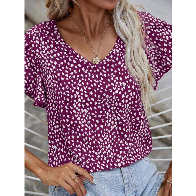 

Стильная и элегантная женская рубашка с небольшим V-образным вырезом, коротким рукавом, лепестковым рукавом, плиссированным кружевом, принтом во весь рост, тканая, повседневная XS