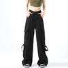 Vintage High Street Wide-leg Overalls Women's Spring New High-waisted Waist-turned Design Sports Casual Pants