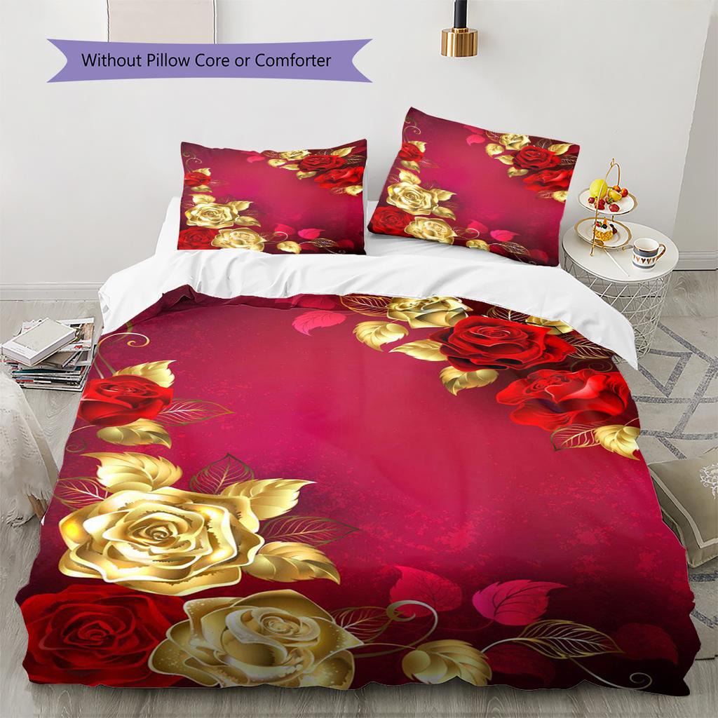 Golden Flower Pattern Bedding Quilt Set Quilt Cover Pillowcase Home Decoration Gift (1 * Duvet Cover + 2 * Pillowcase, Without Core)