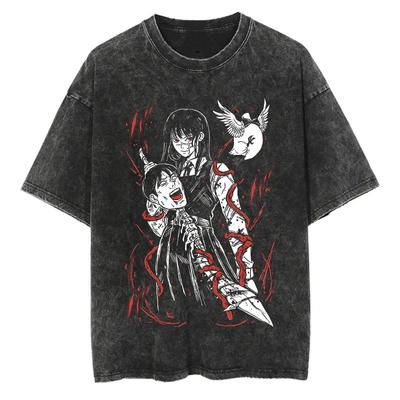 Chainsaw Man Anime Vintage Bedrucktes Gewaschenes T-Shirt Damen Herren Harajuku Oversize Streetwear Y2K Oberteile Kurzarm T-Shirt