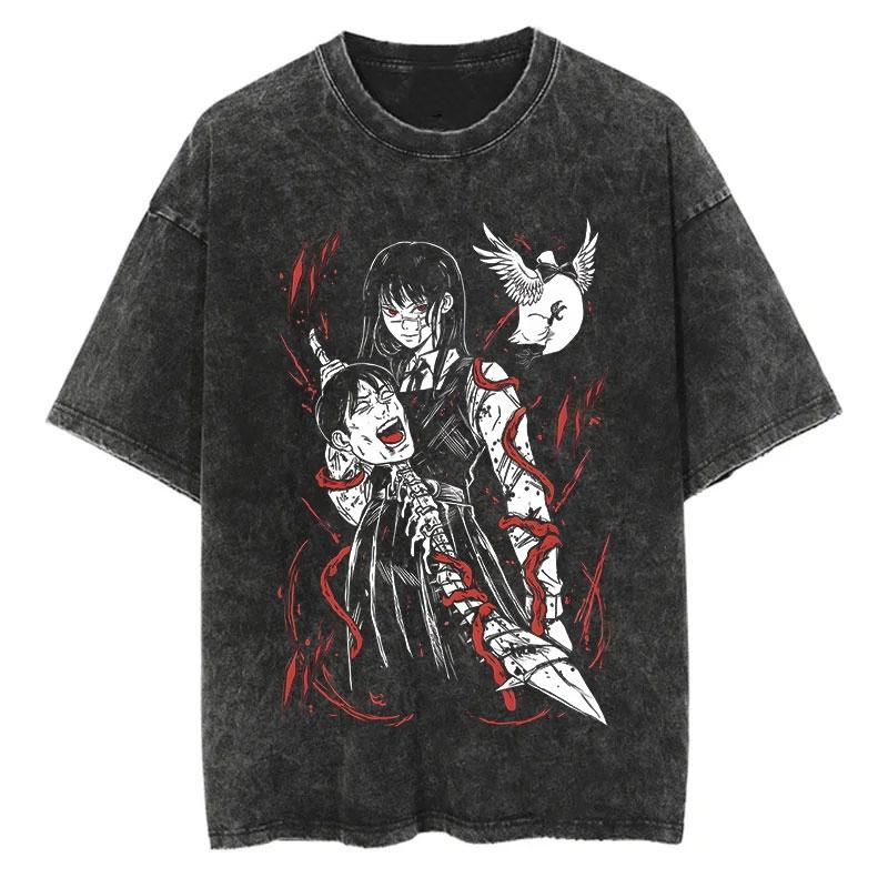 Chainsaw Man Anime Vintage Printed Washed T-shirt Women Men Harajuku Oversize Streetwear Y2K Tops Short Sleeve Tee