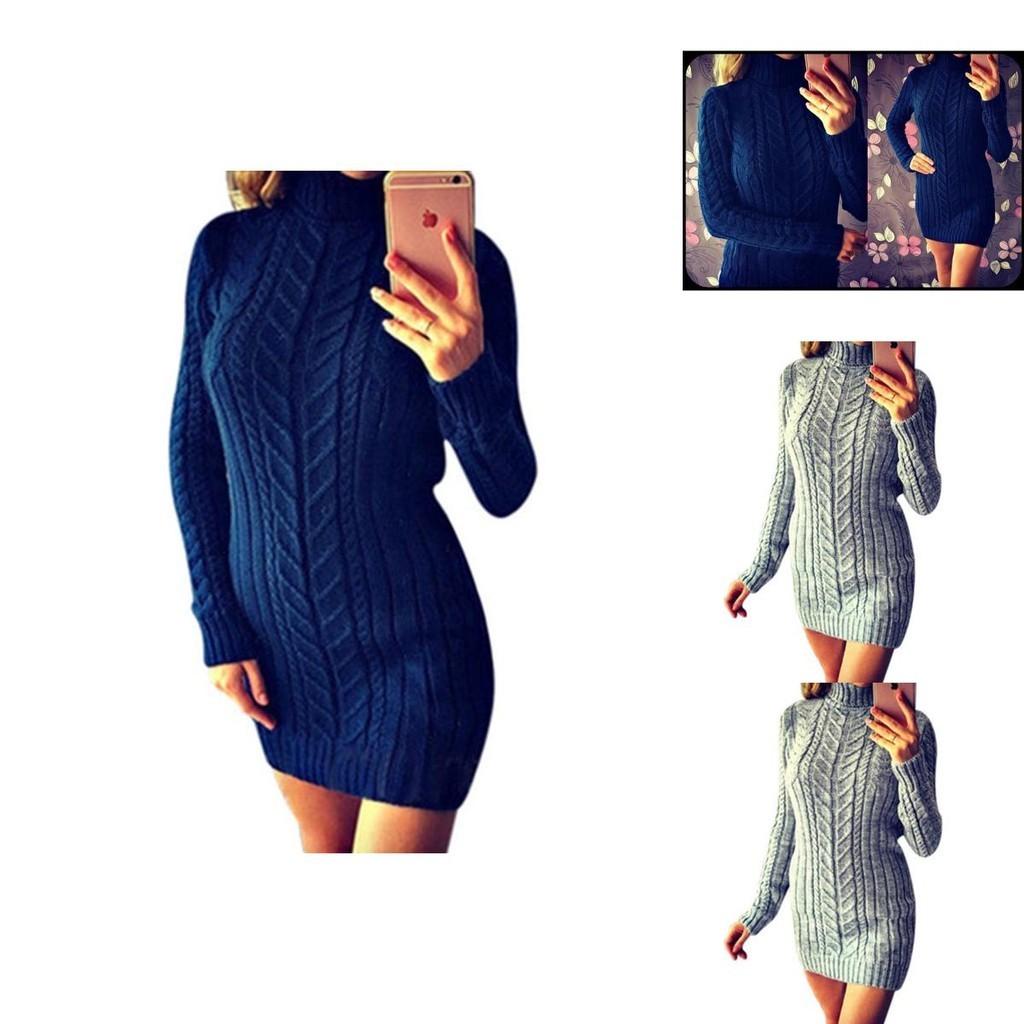 Vestito Sexy Autunnale e Invernale in Maglia Vestibilità Aderente e Collo Alto Design a Treccia