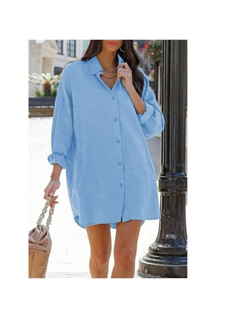 Women's Oversized Button Down Blouse Long Sleeve Stand Collar Loose Casual Top with Pockets