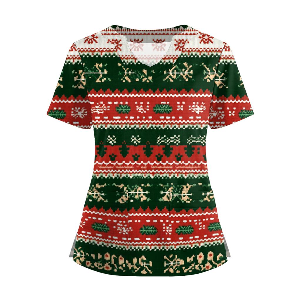 Women's Short Sleeved Christmas Printed V-neck Buttonable Side Slit Top T-shirt