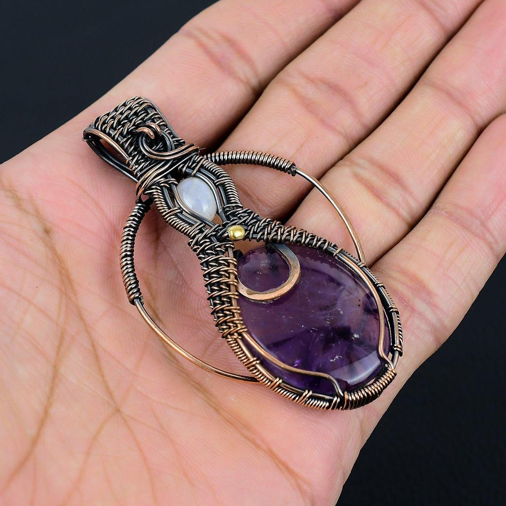 Amethyst & Mondstein Edelstein Handgefertigt Kupferdraht Wickel Schmuck Anhänger Für Frauen