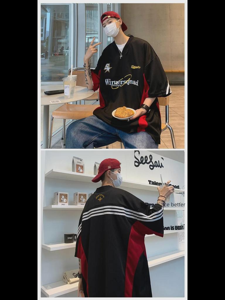 Boys' New Summer V-Neck Embroidered T-Shirt with Five-Point Sleeves – Fashionable and Simple Design