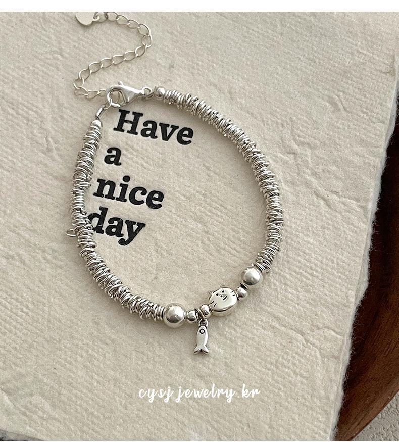 Cui Yan S925 Sterling Silver Korean Style Cat & Fish Wrap Bracelet for Women - Simple, Niche Design, 2025 New Collection.
