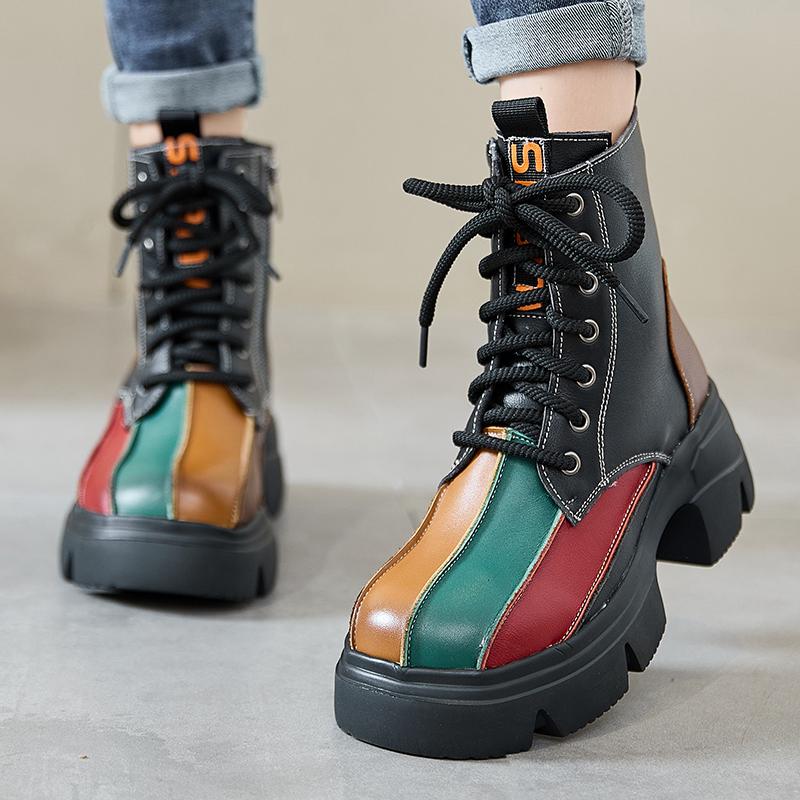 Fashion GKTINOO Retro Style Women Thick Soled Genuine Leather Mid-Calf Boots 2024 Autumn Winter Warm Platform Booties Zip Women's Shoes