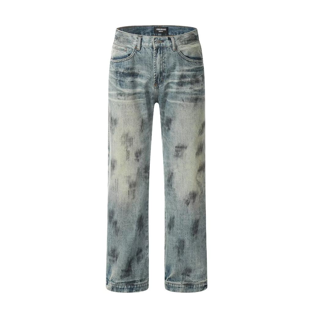Ink splashing retro women's summer trendy brand couple washed jeans men's American dirty dyed loose straight-leg pants