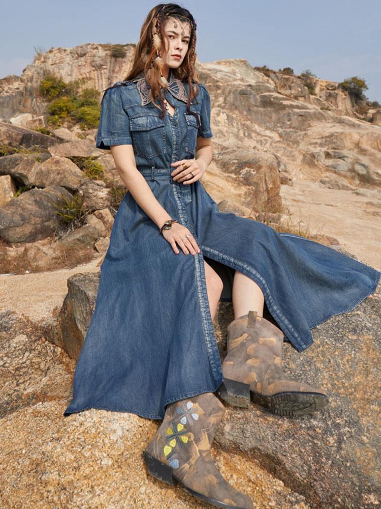 

Johnature женское модное платье с поясом на талии ретро дизайн с отложным воротником летнее джинсовое платье с короткими рукавами и вышивкой S синий