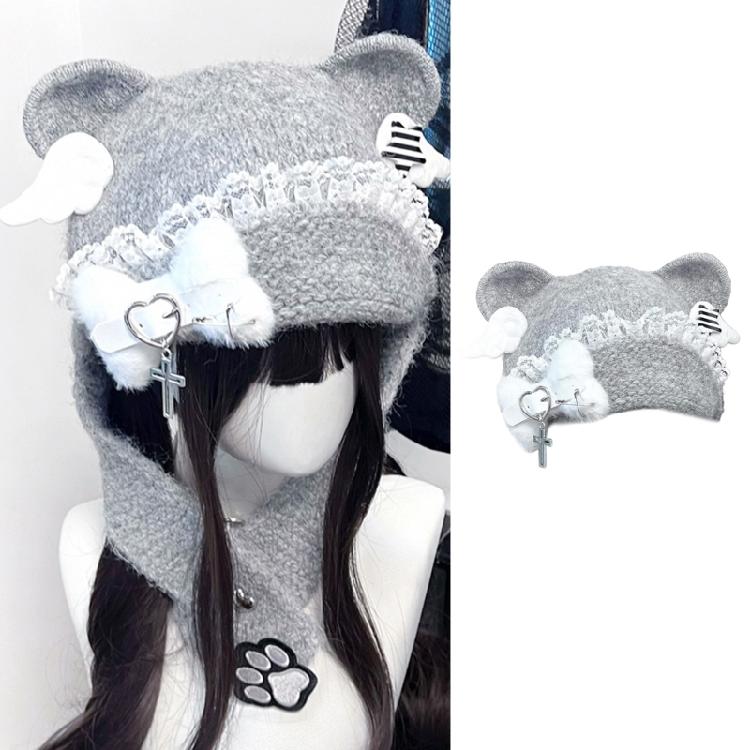 Warm Blue Bear Hat with Ear Furry Caps Cartoon Ear Hat Solid Color Wing Winter Plush Hat for Casual Wear