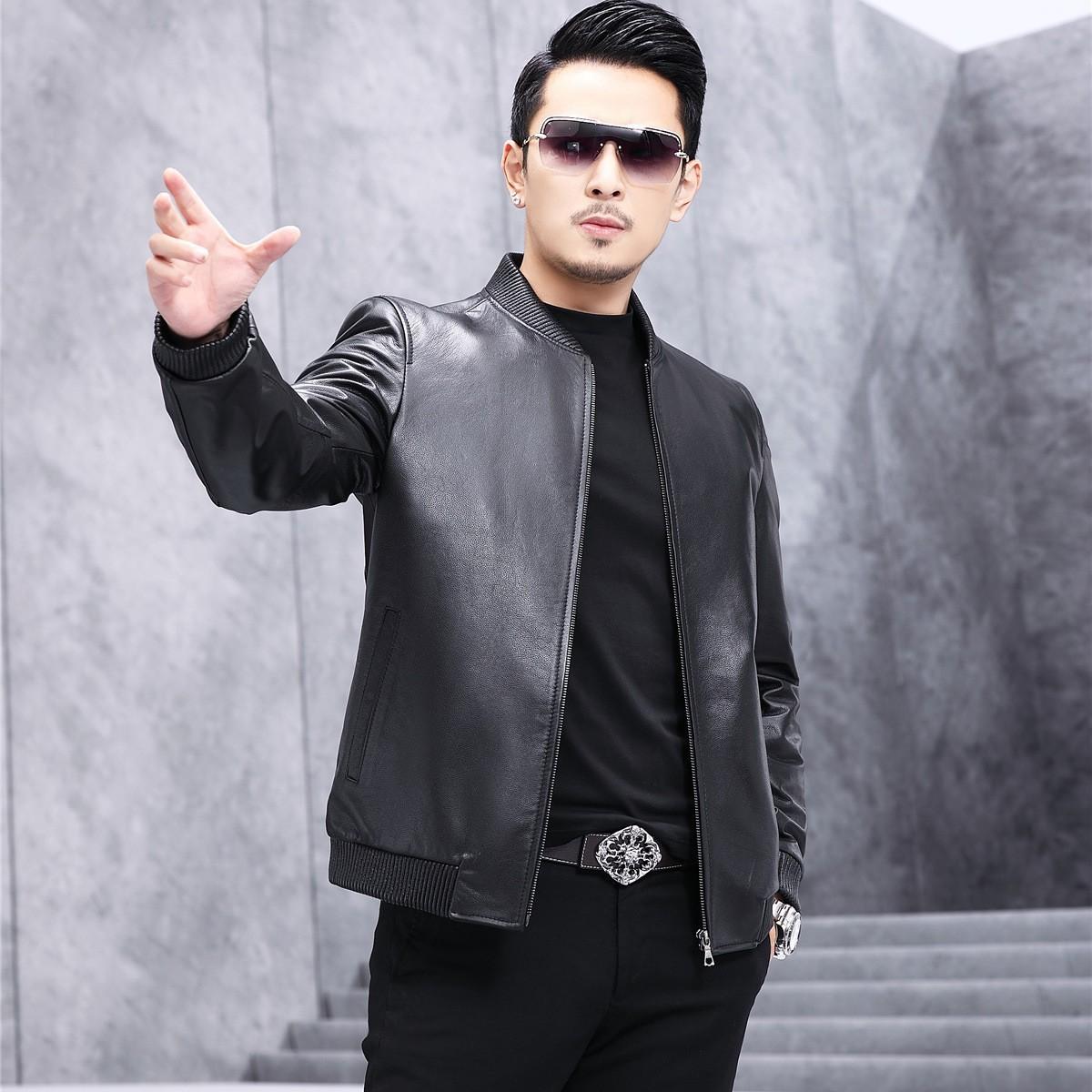 

Кожаная куртка мужская короткая с круглым вырезом из овчины, весенняя облегающая повседневная кожаная куртка, тонкая куртка XL