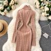 Autumn and Winter New Retro Twist Knitted Warm High-neck Elastic Slim Hip Dress Women