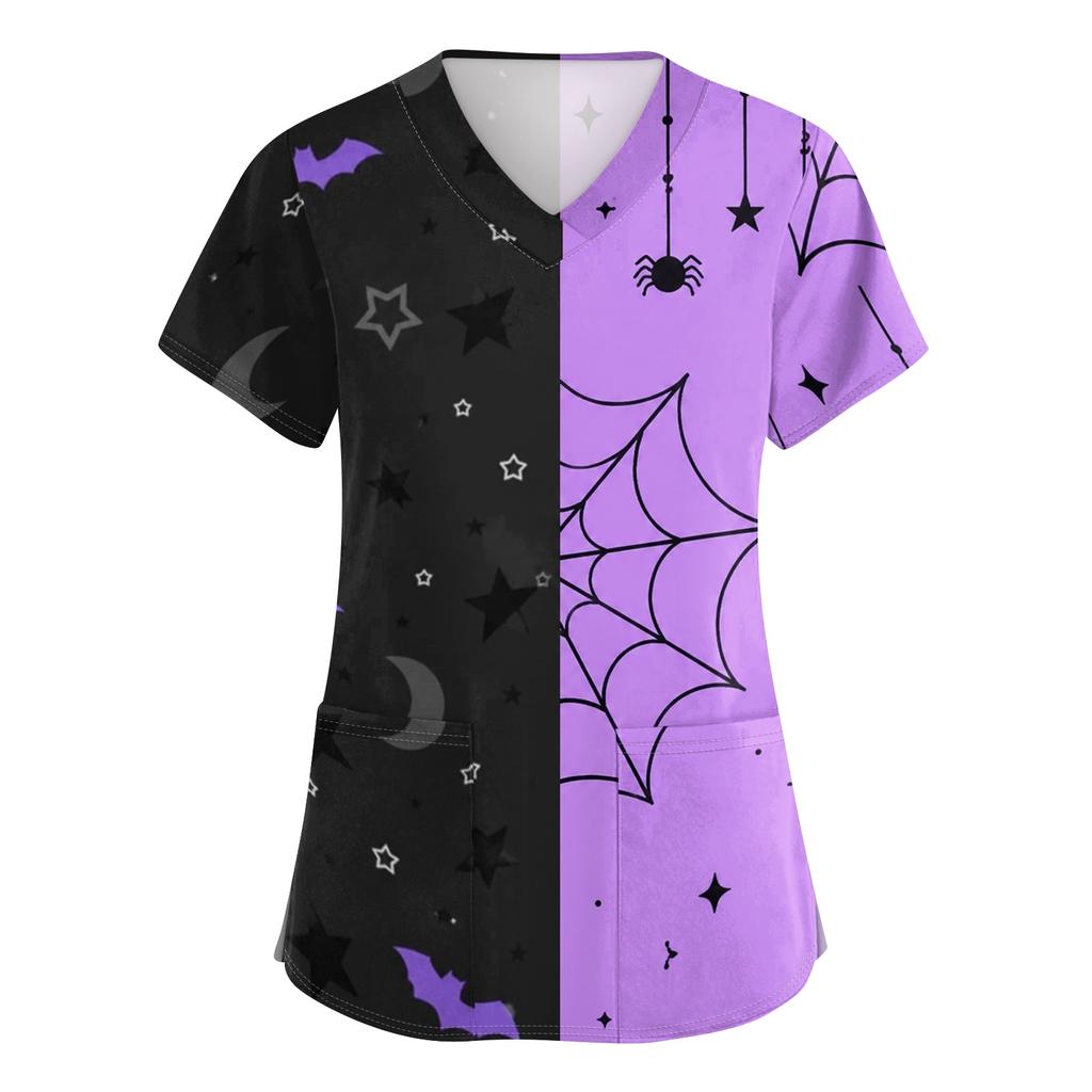 Womens V Neck Halloween Print Short Sleeve Scrub Top with Pocket Side Slit Medical Uniform Shirt for Healthcare Professionals