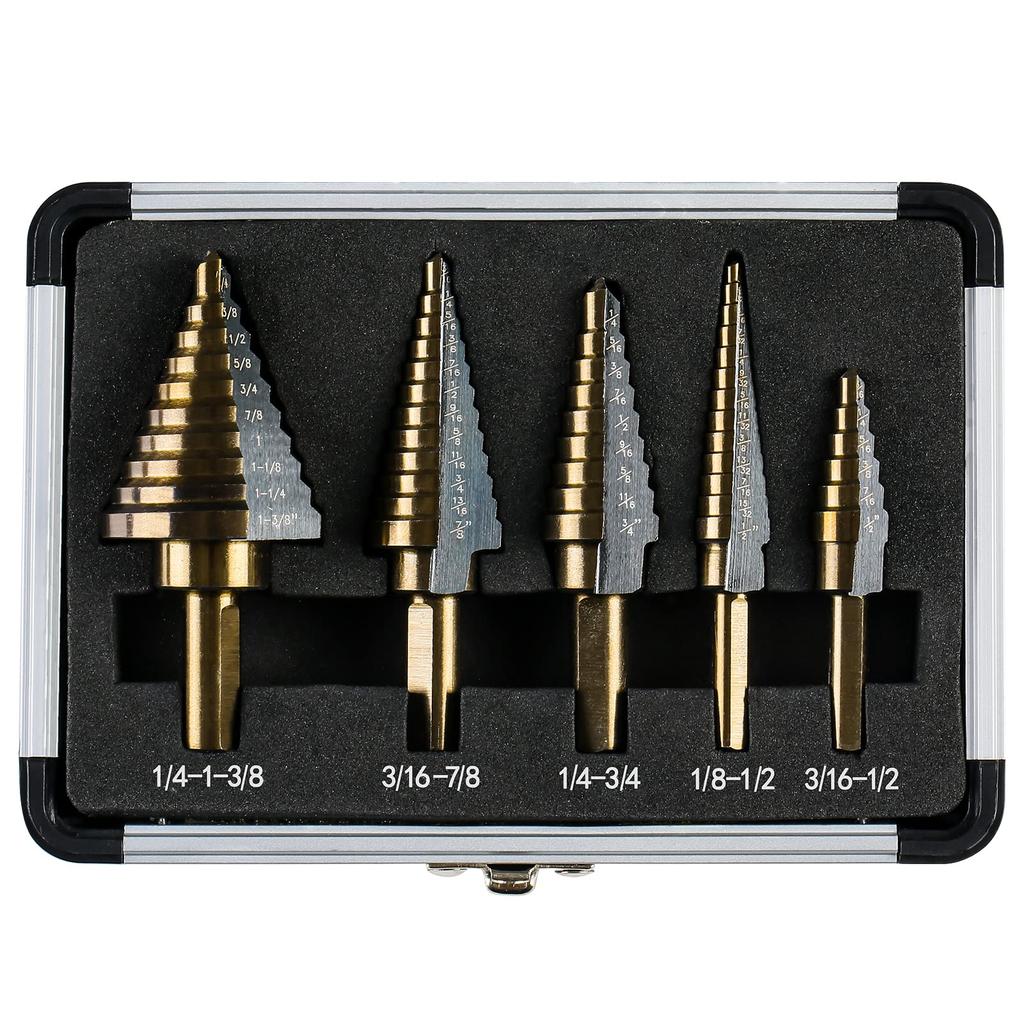 Step Drill Bits 5PCS HSS Titanium Step Drill Bit Set Covering 50 Sizes High Speed Steel Step Bits for Metal DIY Lovers