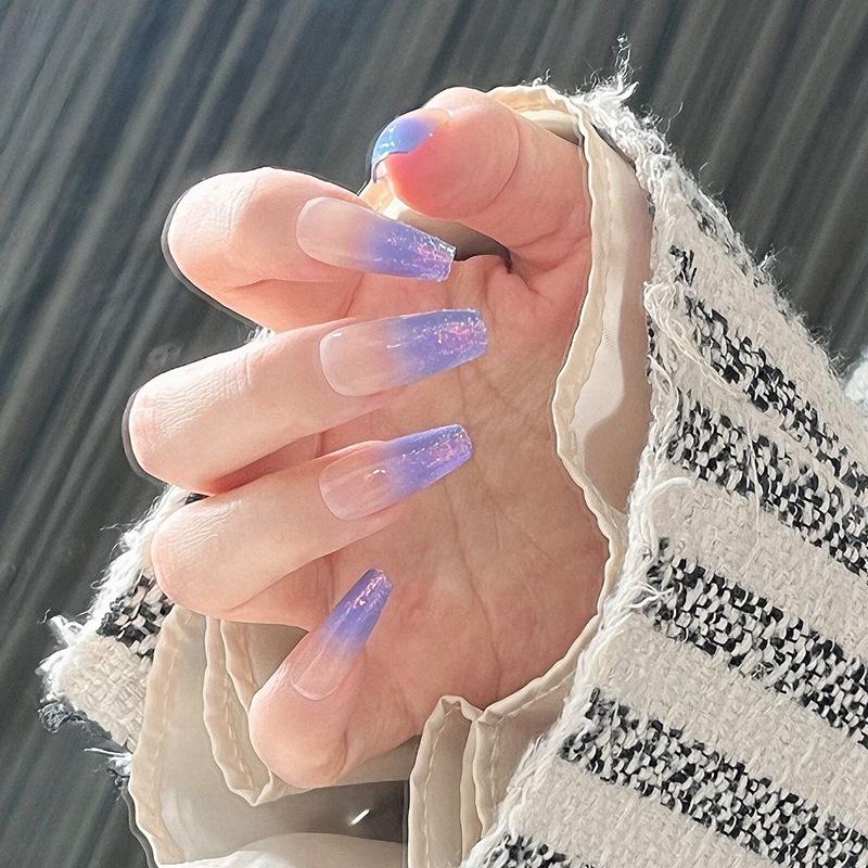 

Фиолетовый Галактический Градиент Носимые Накладные Ногти - Средний Трапециевидный Блестящий Маникюр Glue Type