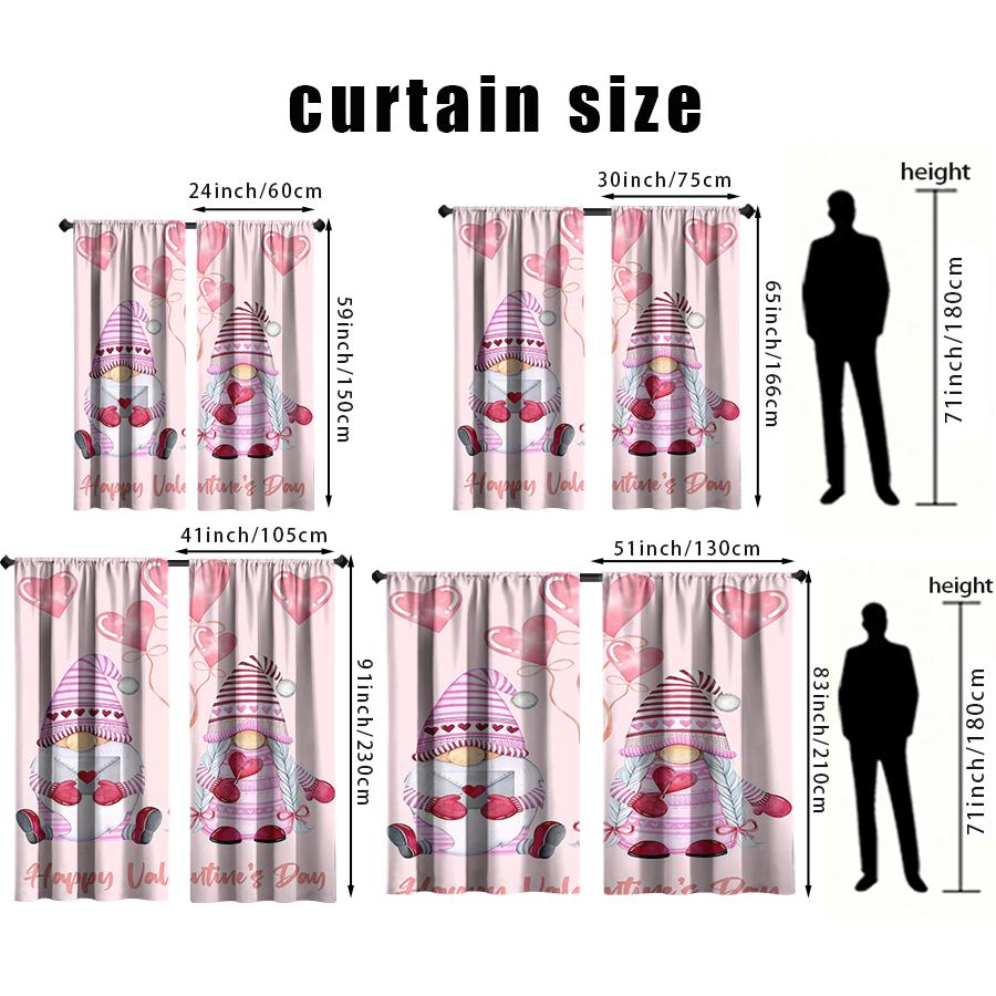 2PCS Pink Love Gnome Valentine's Day Curtains   Sweet Element Style   Bedroom and Living Room   Drawbar Pocket Decoration