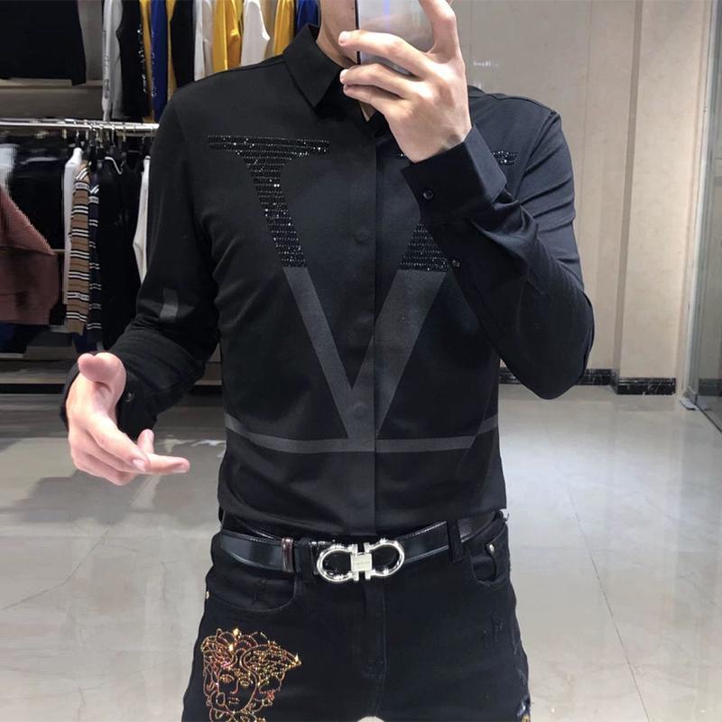 Frühling Herbst Persönlichkeit Diamanten Brief Druck Hemd Hombre Langarm Casual Mode Alle-spiel Bodenbildung Bluse Männer Top