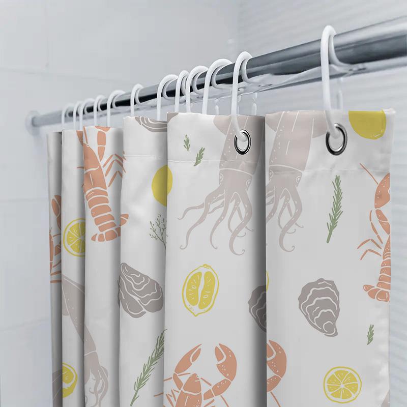 Seafood-Themed Shower Curtain With Octopus And Lobster Design For Bathroom Decor Peach Yellow Orange Gray Color Pattern Waterpro