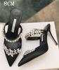 Fashion Couture! French Pointed Flat Sandal Rhinestone Goddess Fan Niche Design Sense High Heel Half Drag