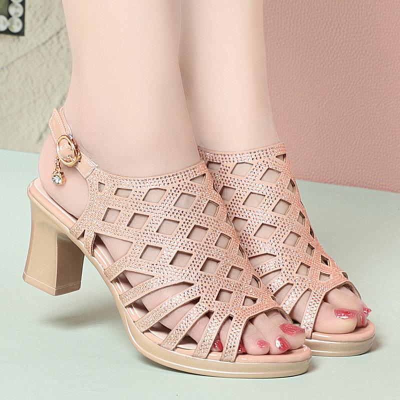 Soft Leather Hollow High Heel Comfortable Roman Sandals Summer Breathable Fashionable Versatile Fish Mouth Women Elegant Sandals