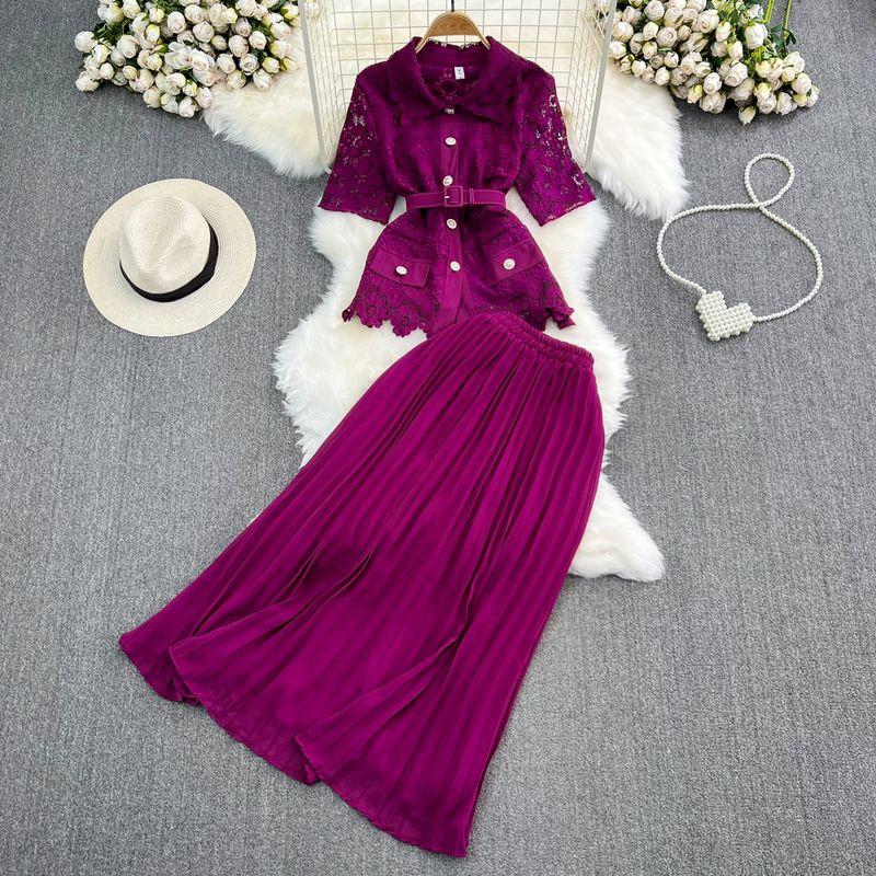 Single-Breasted Lace Pleated Skirt Fashion Suit
