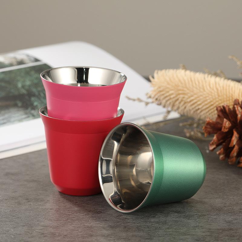 1PCS 80ml New Simple Flat Bottom Cup Stainless Steel Double-layer Inner Tank Capsule Coffee Cup High-grade Solid Color Water Cup