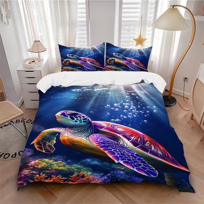 3pcs Sea Turtle Print Duvet Cover Set, Cover For Bedroom Guest Room (1 Duvet Cover + 2 Pillowcase, Without Quilt), Yy250922100