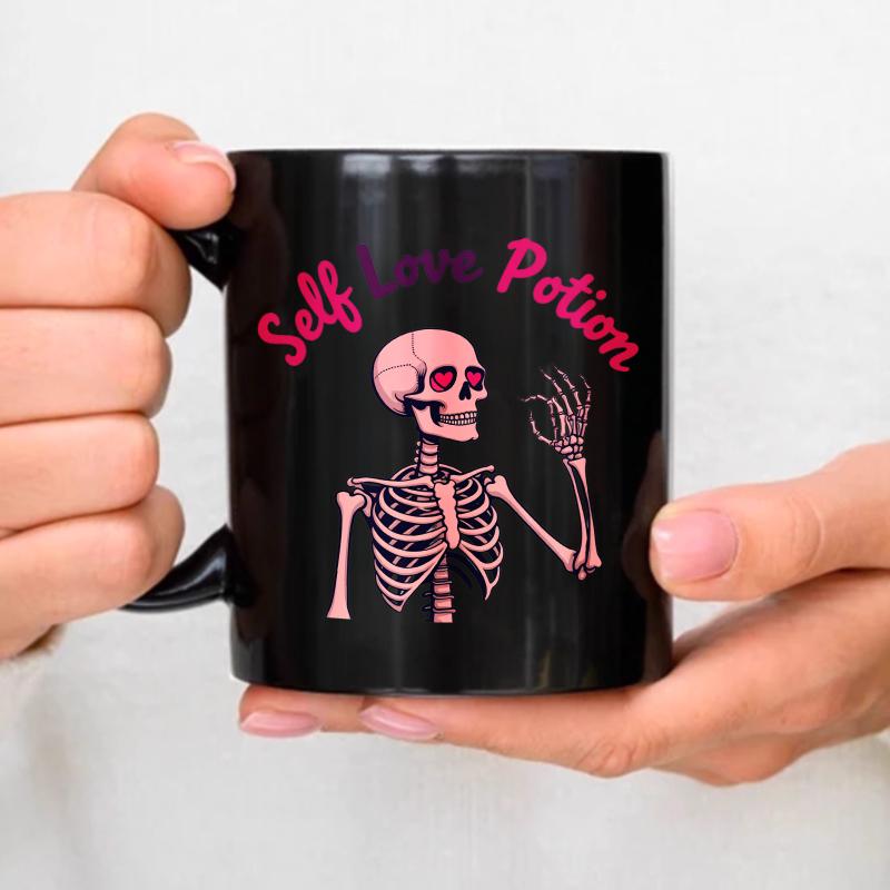 Black ceramic cup with pink skull and self-love potion text, suitable for Halloween and daily use чёрный