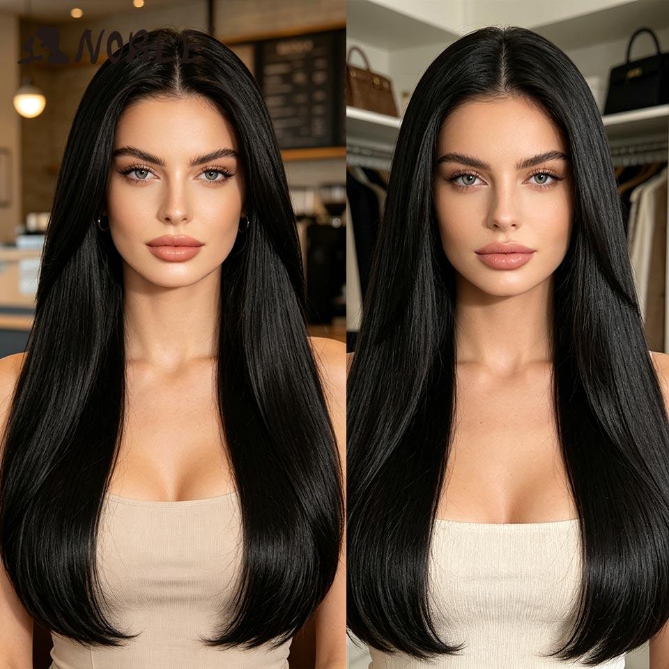 Noble Synthetic Lace Front Wig 24 Inch 9x6 Natural Black Pre-Plucked Glueless Wig Heat Resistant Straight Layered Wig For Wome