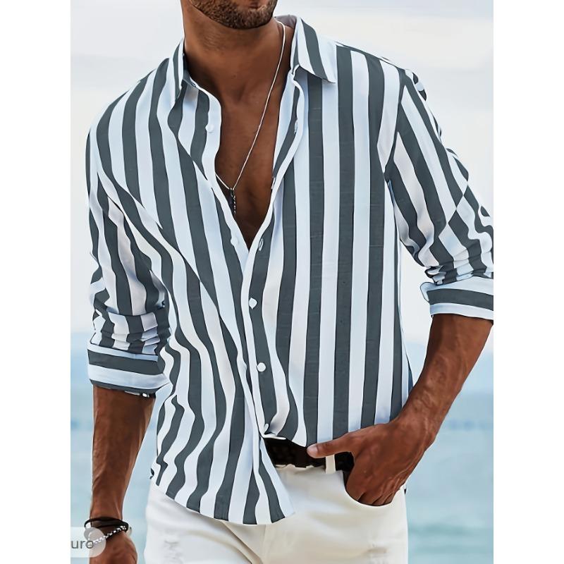 Hawaiian Beach Shirt Men s Striped Hawaiian Long-Sleeve Lapel Button-Up Beach Shirt - Spring/Summer/Autumn Vacation S