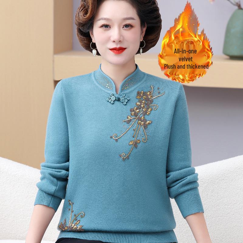 Mom's Chinese Embroidered Top: Fashionable Plus Velvet Sweater for Middle-Aged & Elderly Women, Autumn/Winter Base Layer
