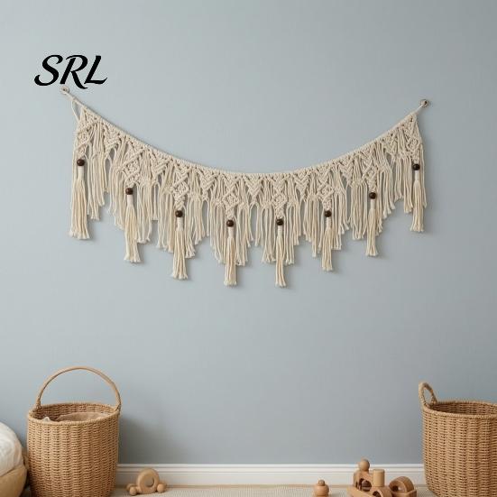 Cotton Rope Backdrop Boho Garland Wall Hanging with Wooden Beads, Hand Woven Tassel Banner, Textured Decor Nordic Window Tapestry, Bohemian