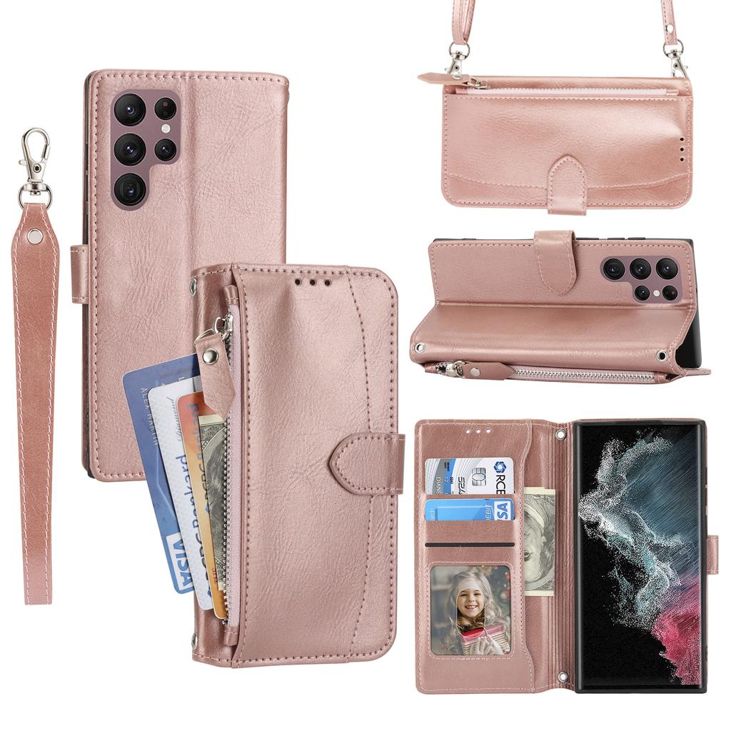 For Samsung Galaxy S25 Ultra Case Zipper Pocket Leather Phone Cover with Crossbody Shoulder Strap
