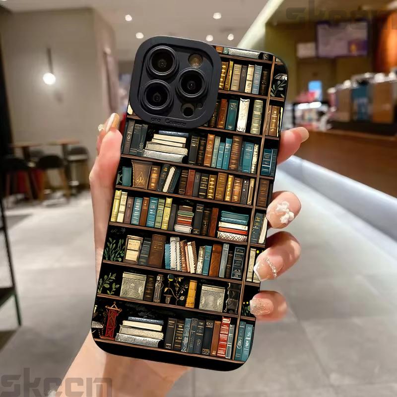 Vintage Purple Bookcase Painted Phone Case For iPhone 16 15 14 13 12 11 Pro Max Mini XS X XR 7 8 16 Plus Silicone Soft Cover