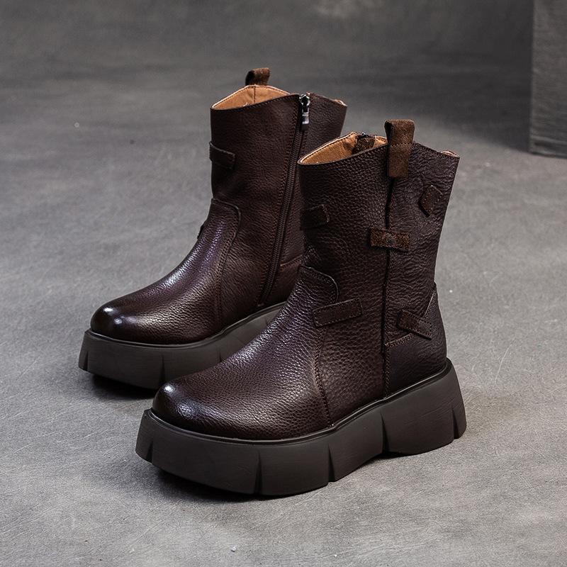 Johnature British Style Thick Soled Genuine Leather Mid-calf Boots Versatile Women's Flat Platform Shoes