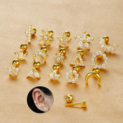 1 sztuka Kolczyki ze stali nierdzewnej Księżyc Krzyż Małe Wkrętki Miniaturowa Cyrkon Kostka Płatek Ucha Tragus Chrząstka Piercing Kolczyk Biżuteria