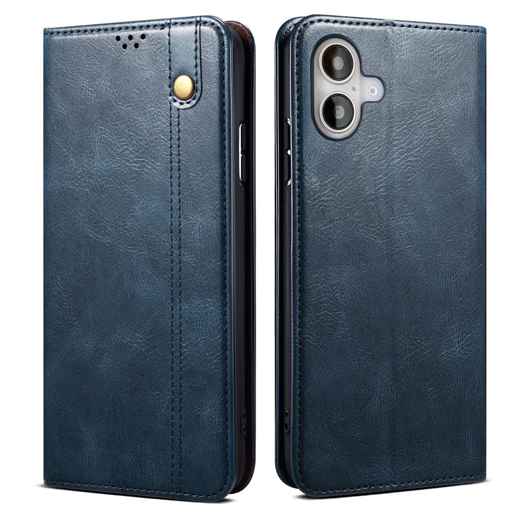 For iPhone 16 Plus Case Crazy Horse Texture Waxy Leather Wallet Stand Cover