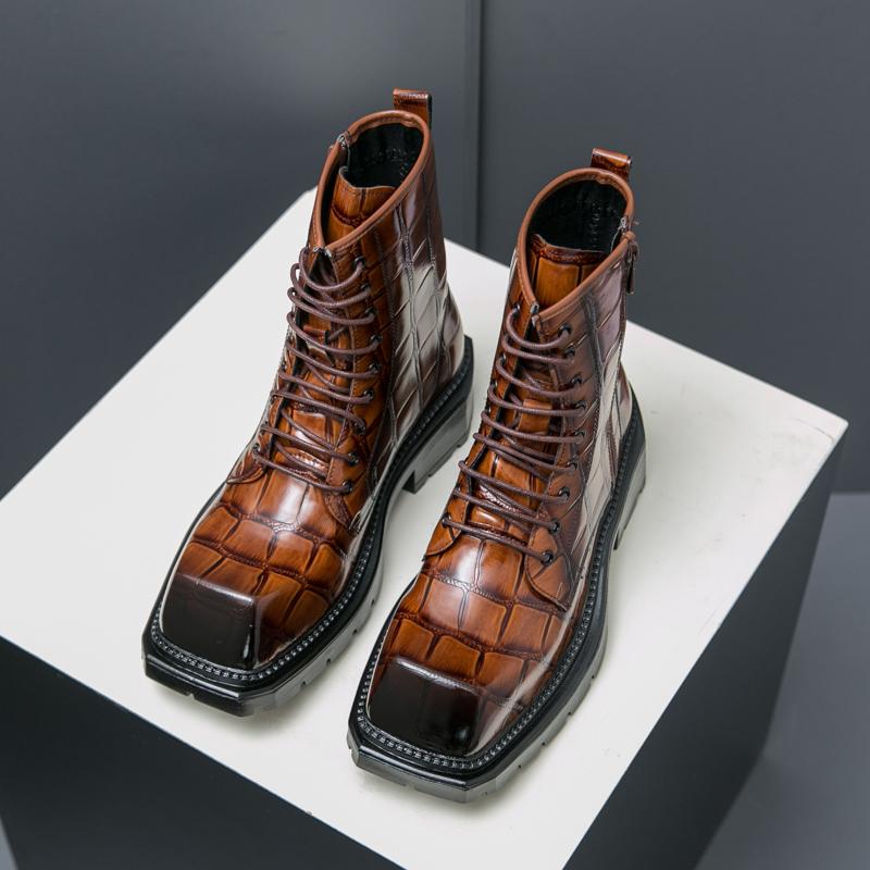 Fashion Fashion Retro Men Square-Toe Leather Boots Lace-up Motorcycle Boots Dress Shoes Luxury Thick Soled Boots Cowboy Boots Quality