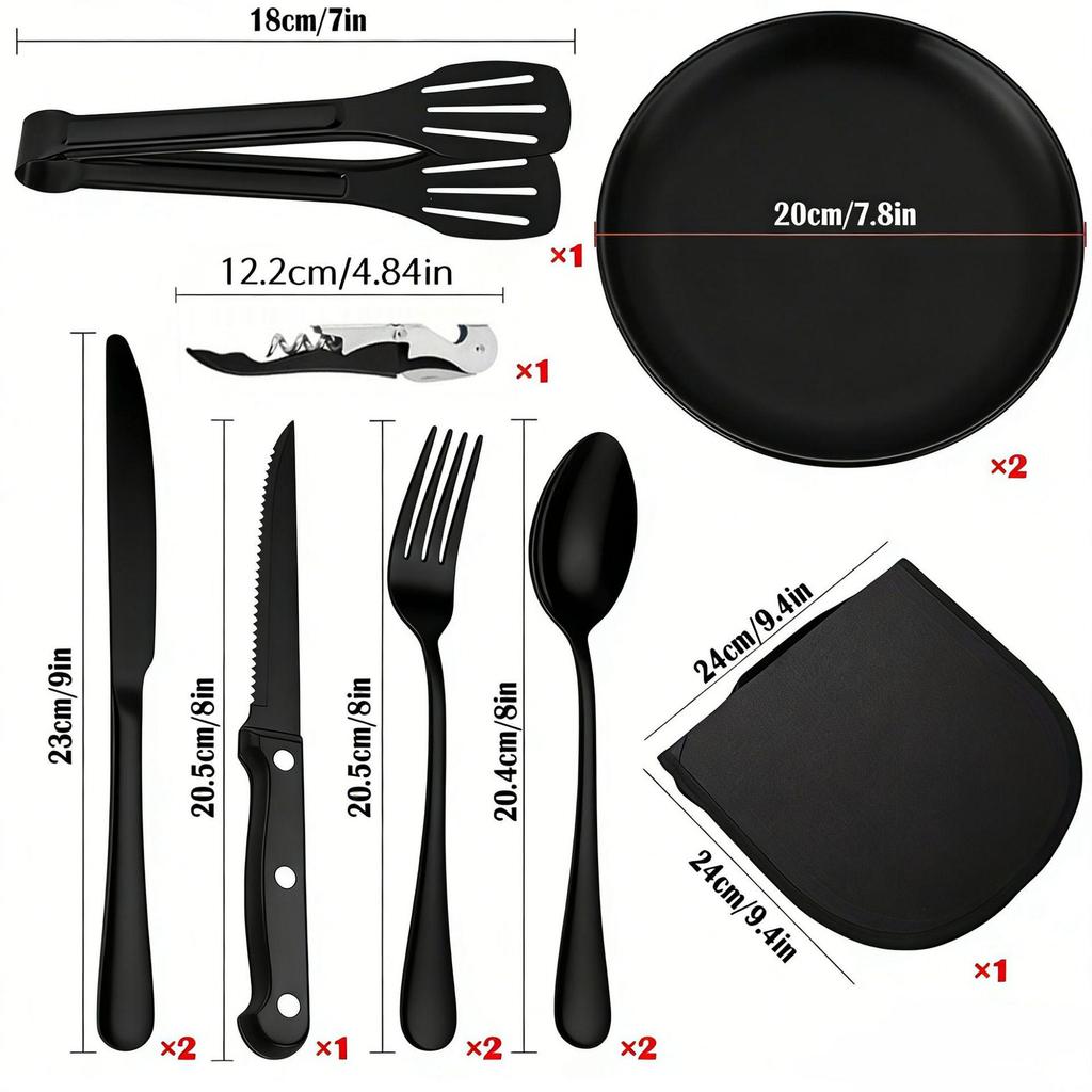 Stainless Steel Outdoor Cutlery Set with BBQ Plate, Tongs, Camping Knife, Fork, Spoon, and Portable Storage Bag